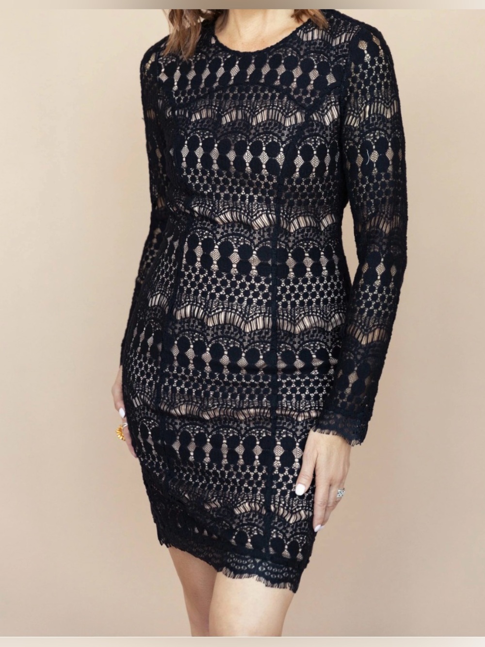White House Black Market (WHBM) Fully Lined Long Sleeve Black Lace Dress, Size 8